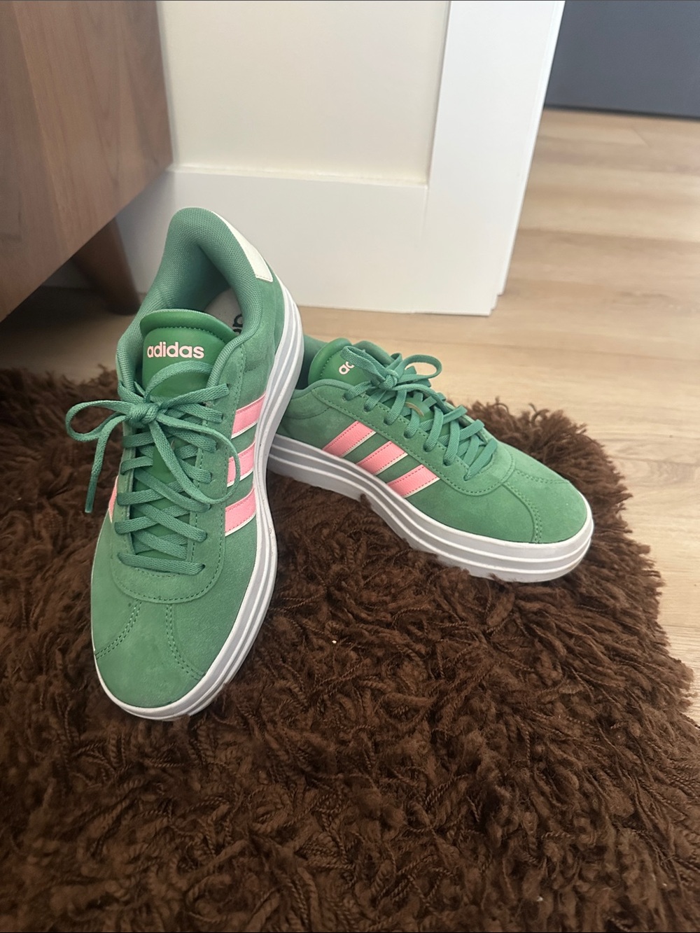 adidas Green Suede Sneakers with Pink Stripes